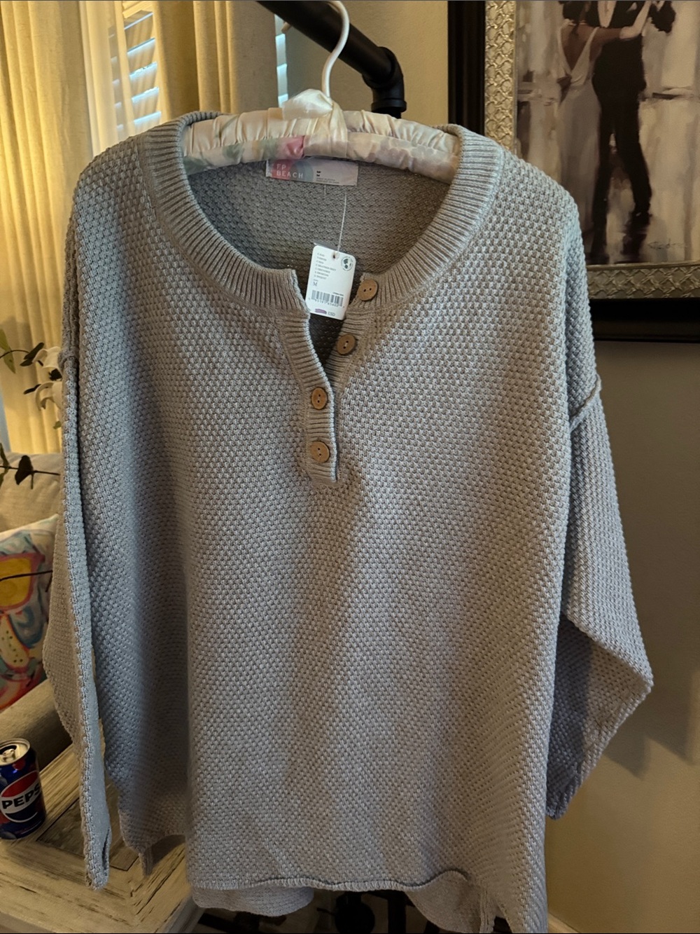 FP Beach Light Gray Button-Front Knit Pullover Sweatshirt